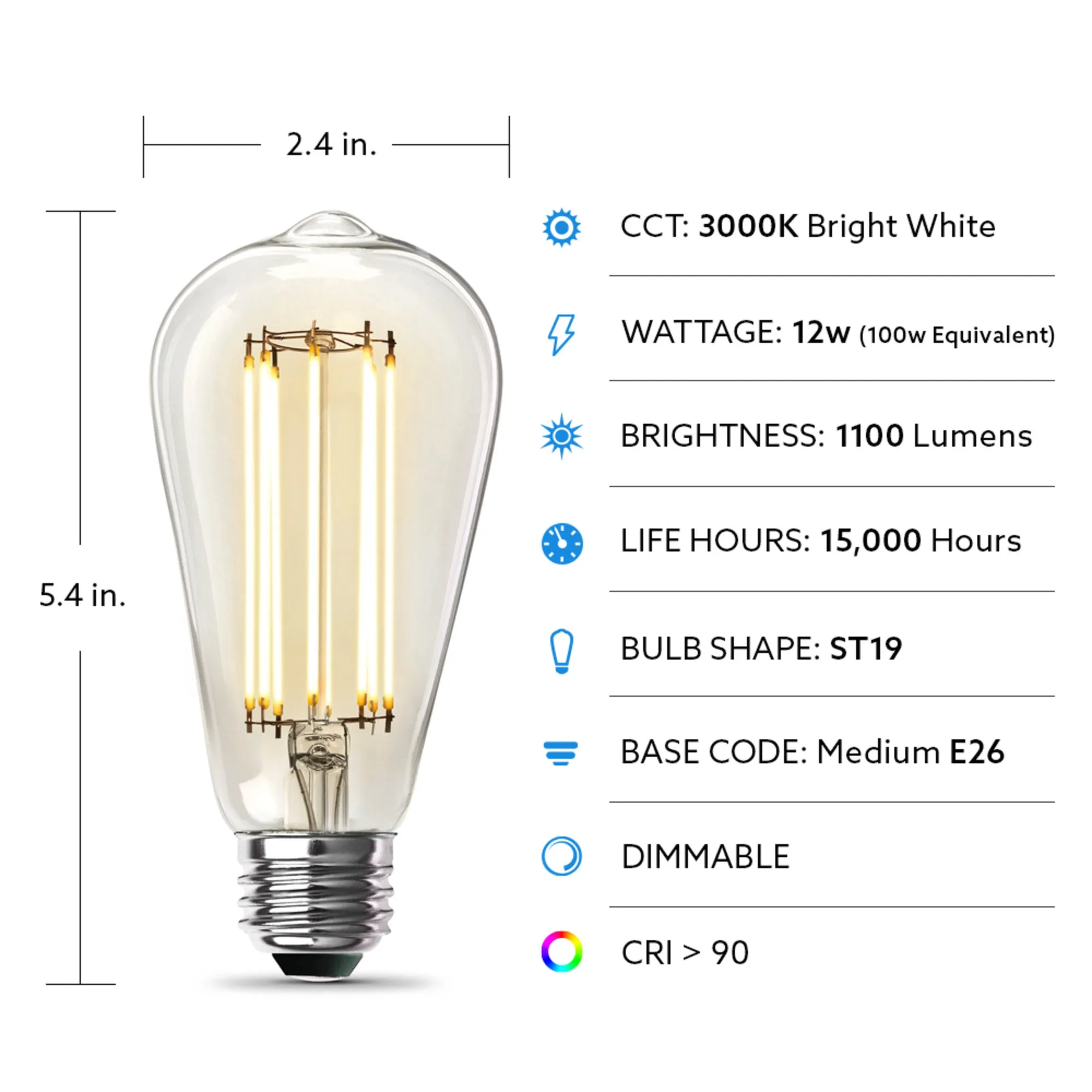 12W (100W Replacement) ST19 E26 Dimmable Straight Filament Clear Glass Vintage Edison LED Light Bulb, Bright White (4-Pack)