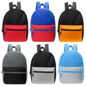 17" Boys Basic Wholesale Backpack in 6 Two Tone Color Combinations - Bulk Case of 24 Backpacks