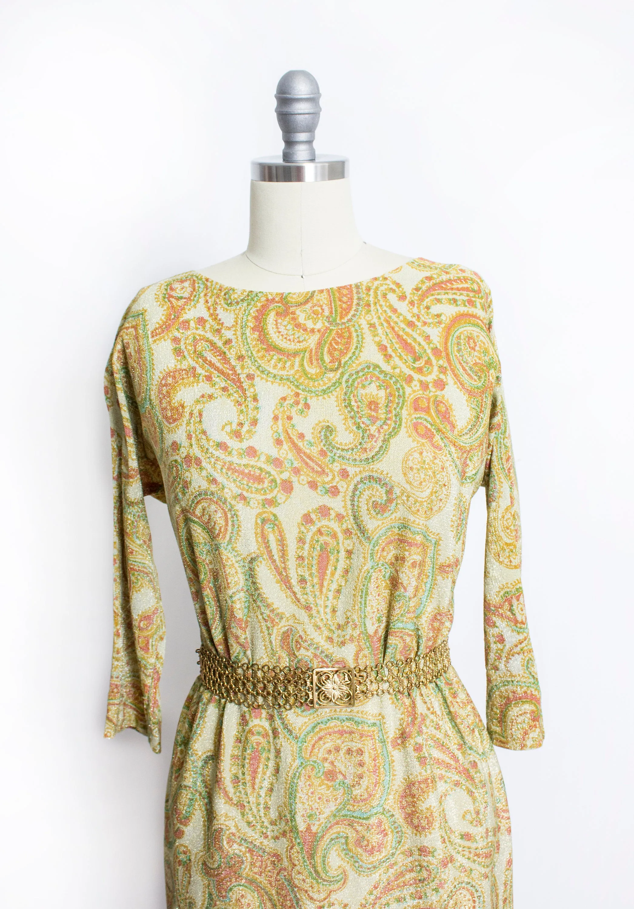 1960s Dress Metallic Gold Lame Paisley Printed Wiggle Small