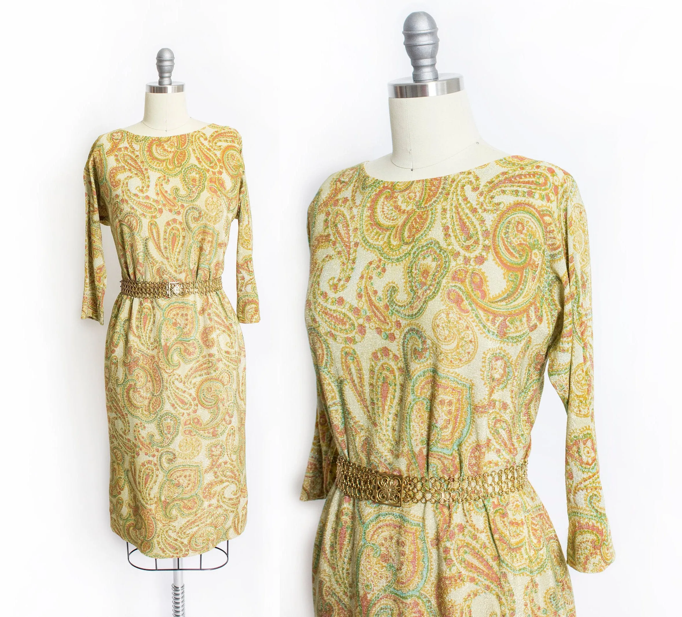 1960s Dress Metallic Gold Lame Paisley Printed Wiggle Small