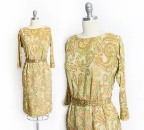 1960s Dress Metallic Gold Lame Paisley Printed Wiggle Small