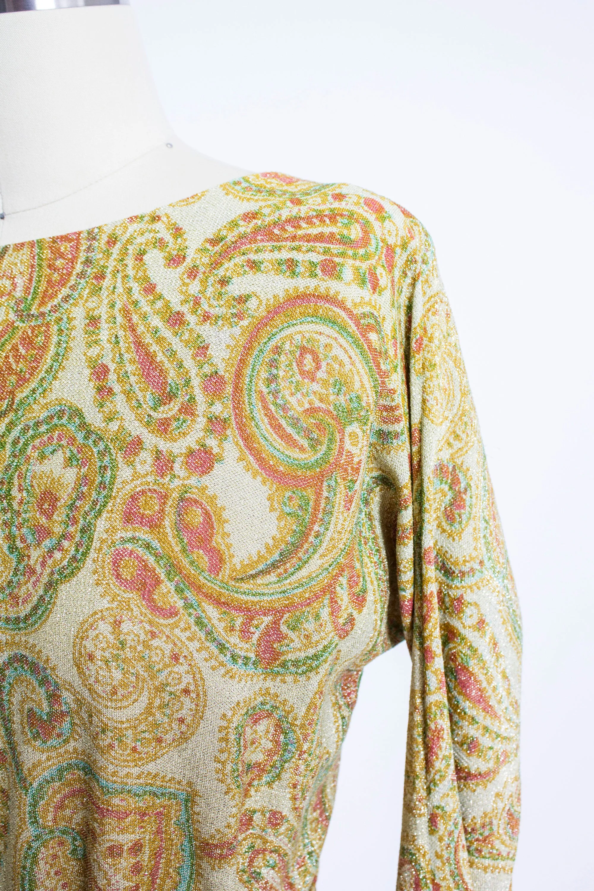 1960s Dress Metallic Gold Lame Paisley Printed Wiggle Small