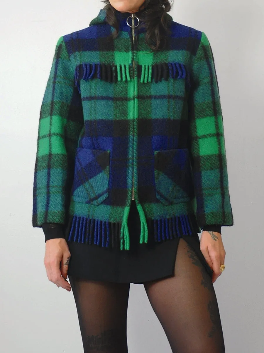 1960's Irish Wool Fringe Plaid Coat