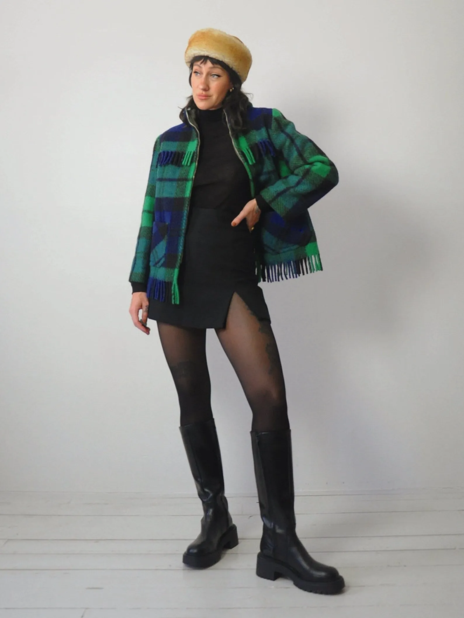 1960's Irish Wool Fringe Plaid Coat