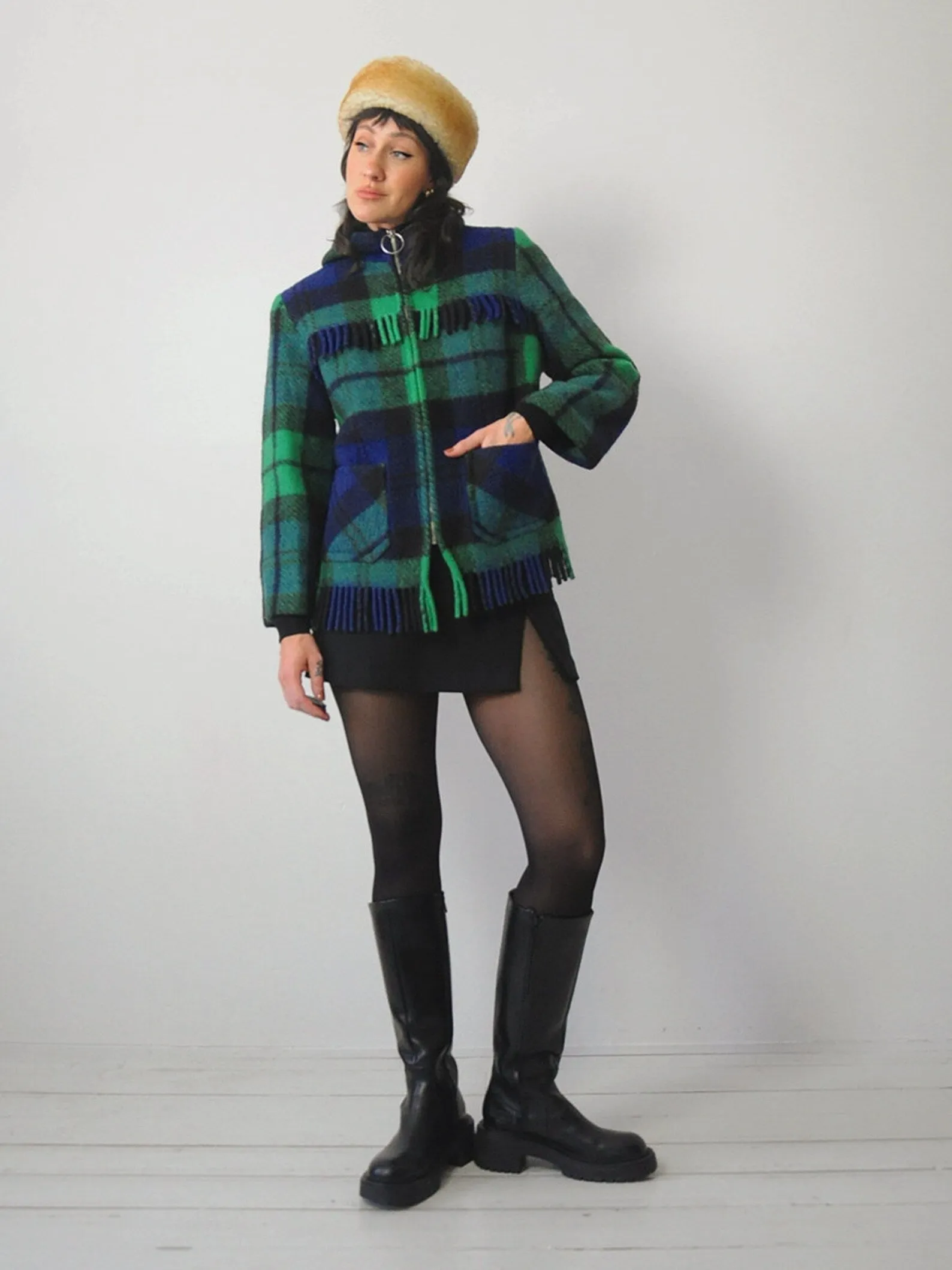 1960's Irish Wool Fringe Plaid Coat