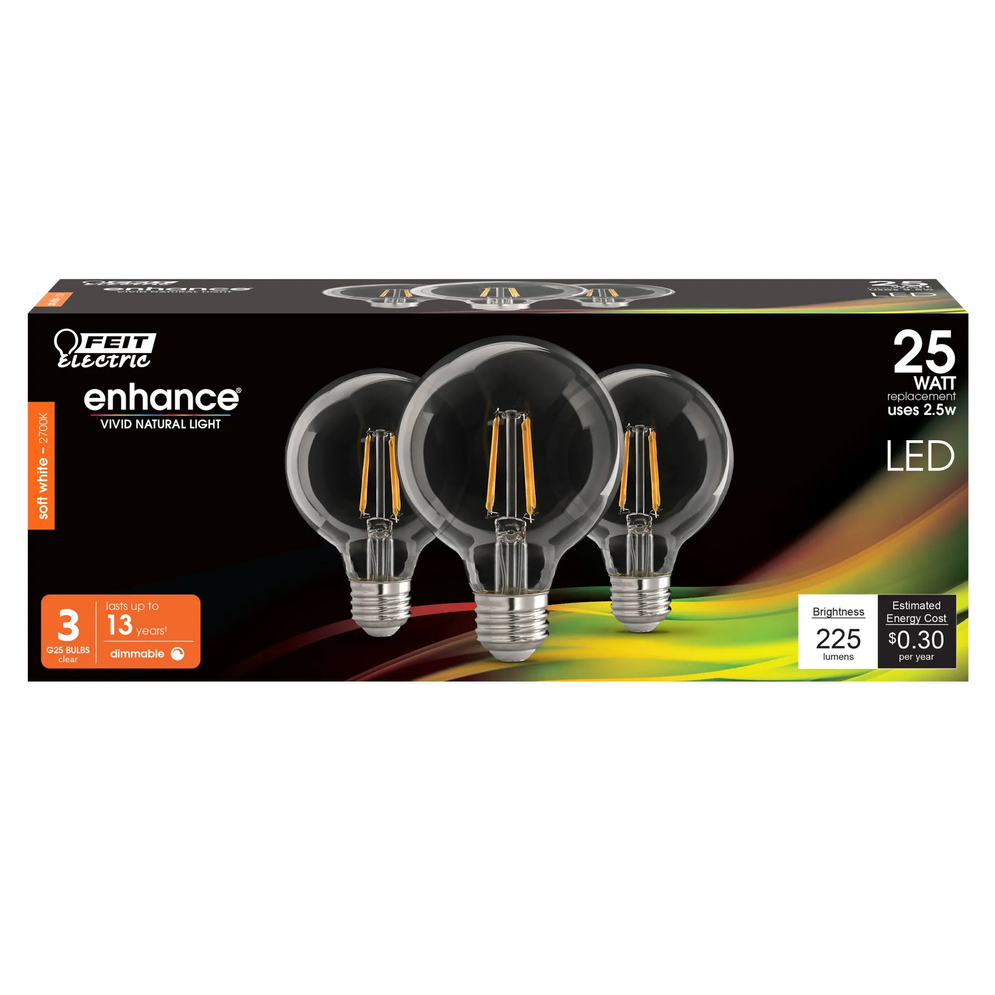 2.5W (25W Replacement) Soft White (2700K) E26 Base G25 Filament LED Bulb (3-Pack)