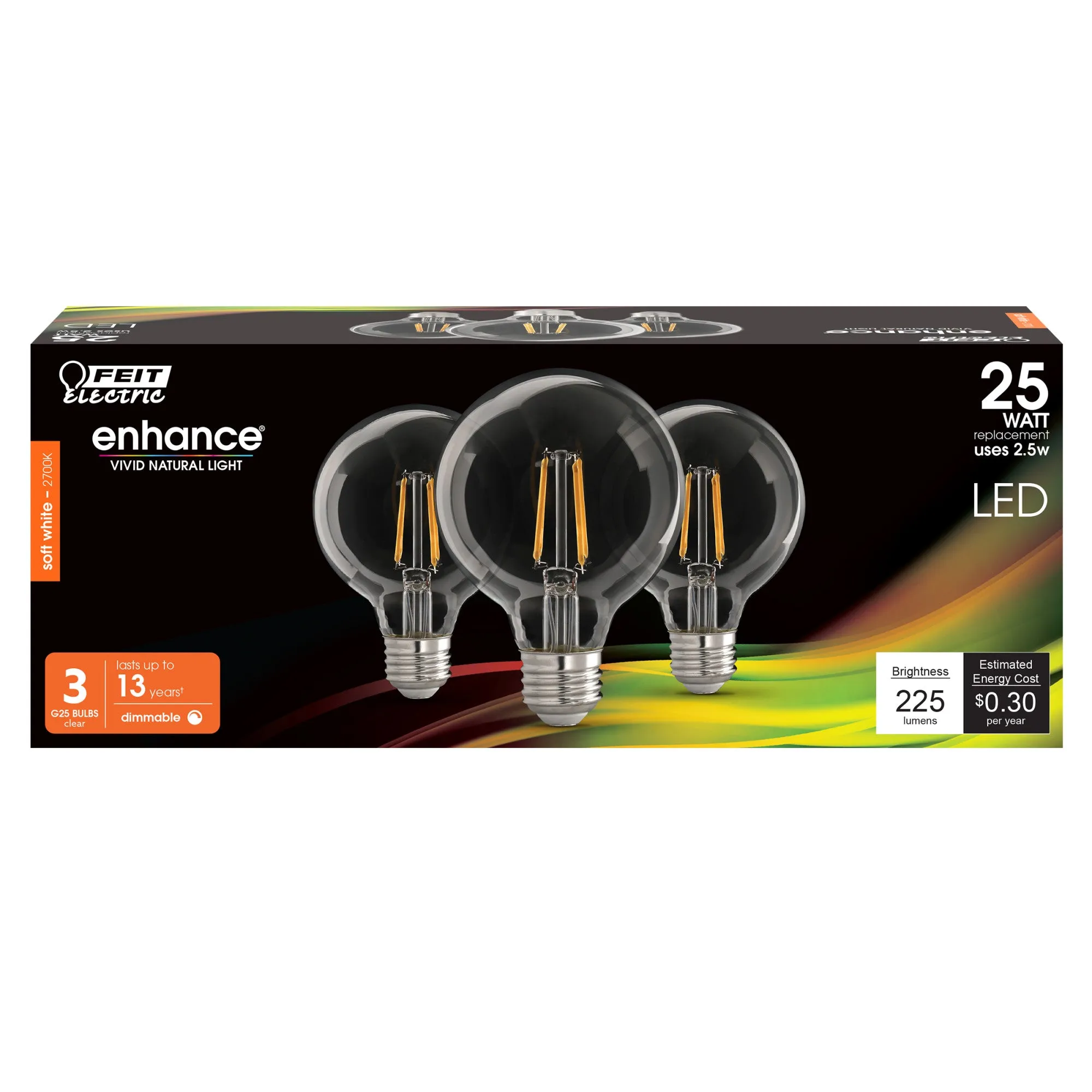 2.5W (25W Replacement) Soft White (2700K) E26 Base G25 Filament LED Bulb (3-Pack)