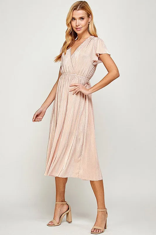 Abigail V-Neck MIDI Dress in Golden Pink