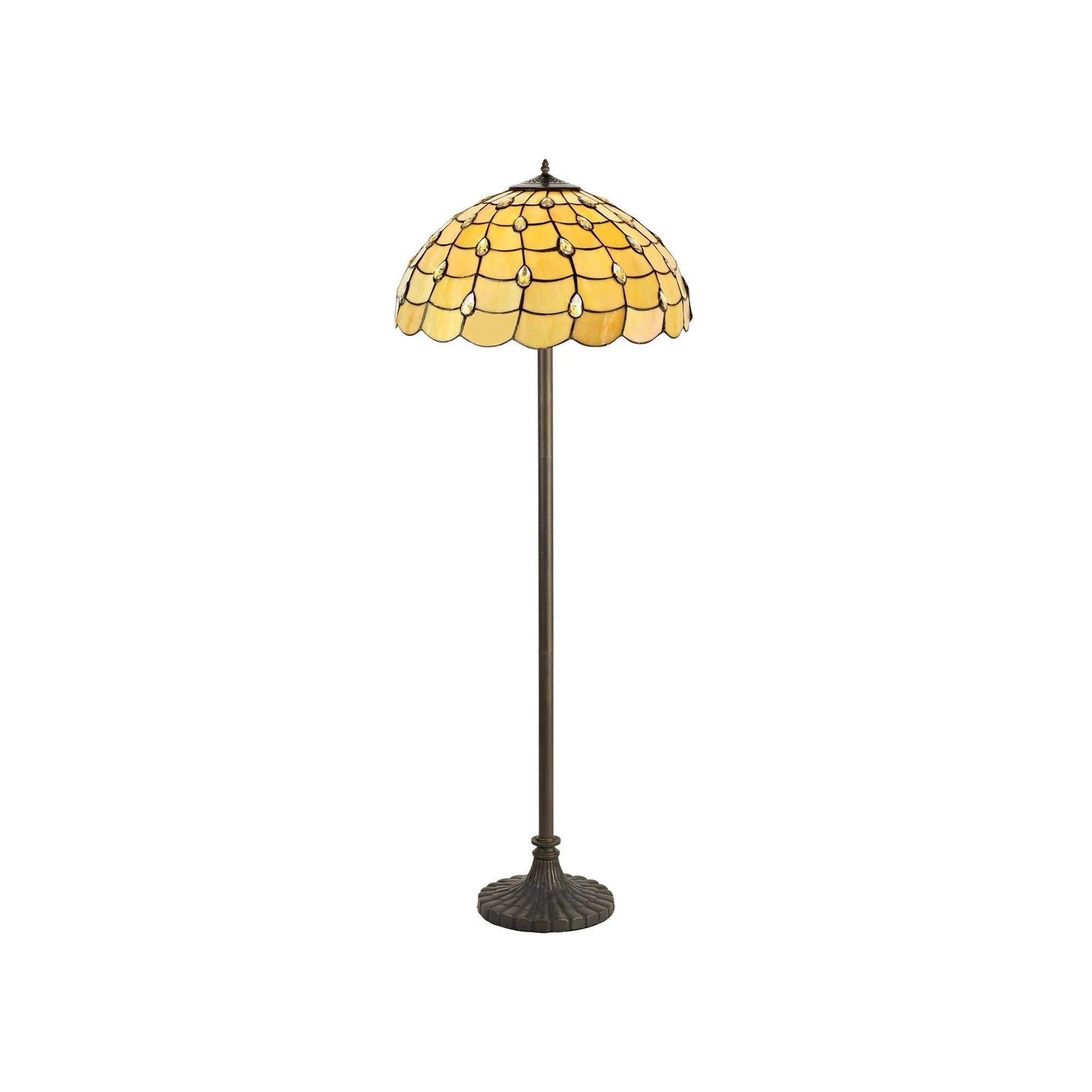 Aero 2 Light Stepped Design Floor Lamp E27 With 40/50cm Tiffany Shade, Beige/Clear Crystal/Aged Antique Brass