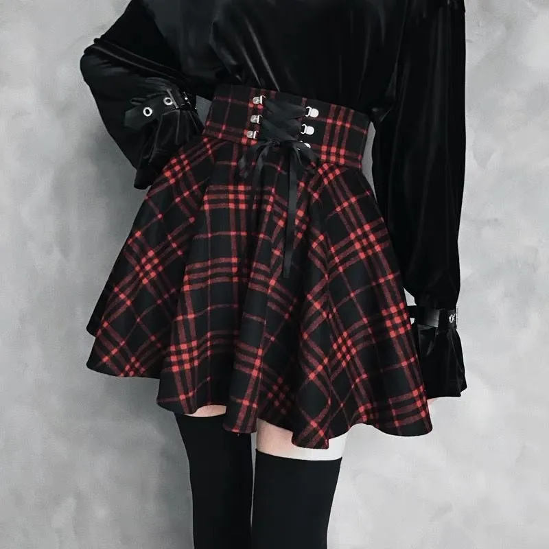 Alternative Goth 'Army of Darkness' Grunge Black and Red Lace Up Plaid Skirt