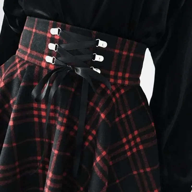 Alternative Goth 'Army of Darkness' Grunge Black and Red Lace Up Plaid Skirt