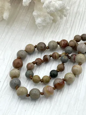 AMERICAN PICTURE JASPER  Hand Knotted Gemstone Necklace, 36" Natural Stone, 6mm or 8mm Round Polished with brown thread.Fast ship