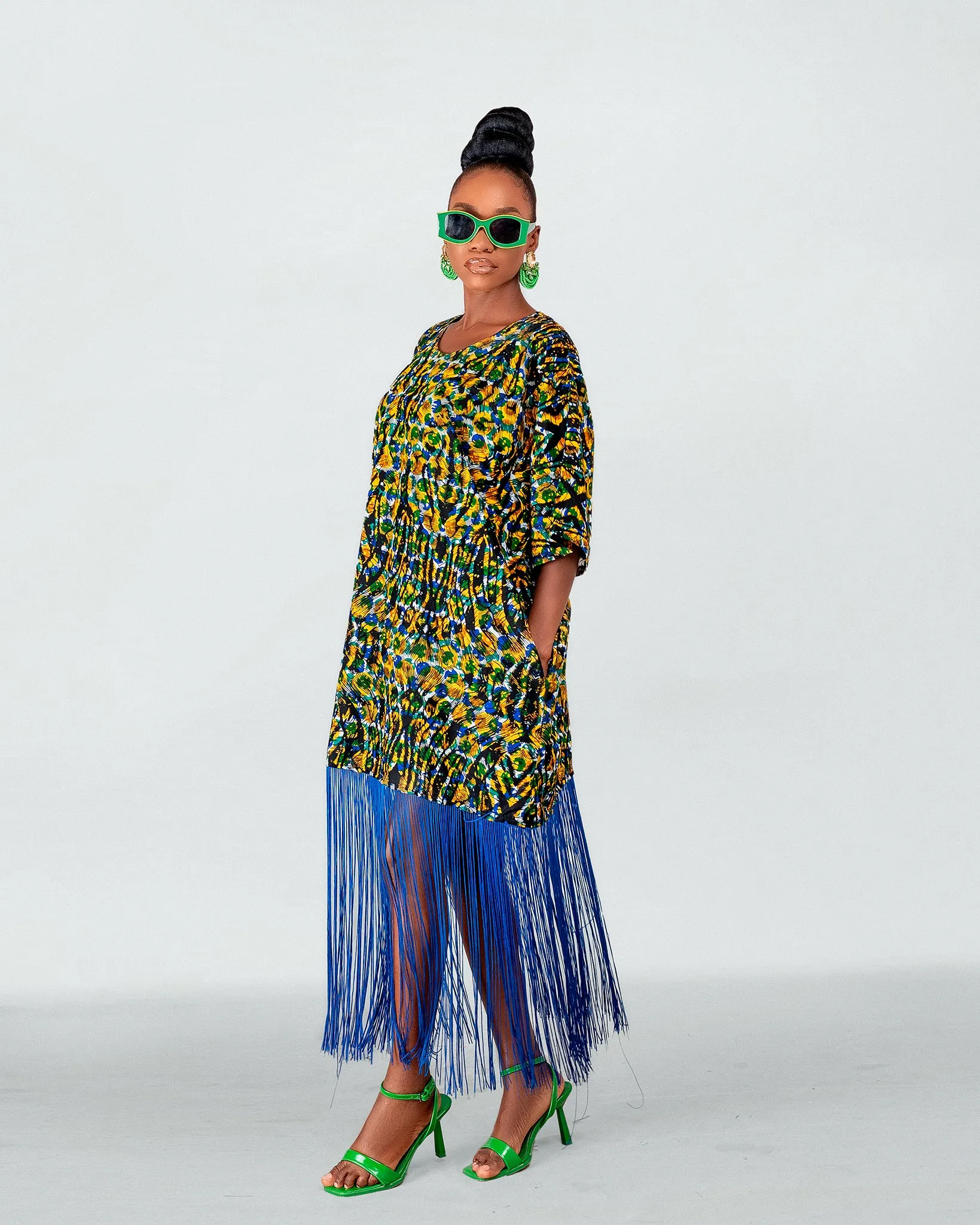 Bisi Ankara Fringe Midi Dress | Green and Blue African Print