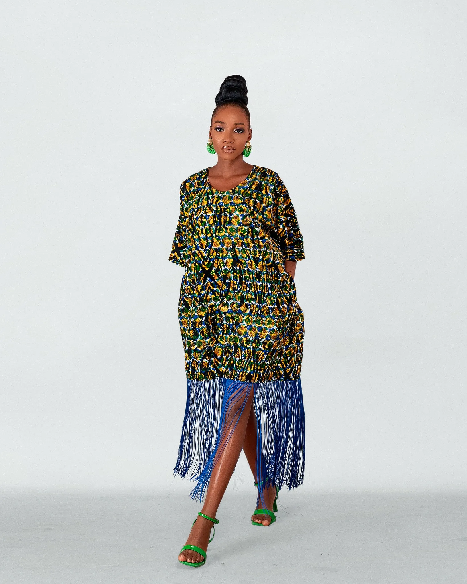 Bisi Ankara Fringe Midi Dress | Green and Blue African Print