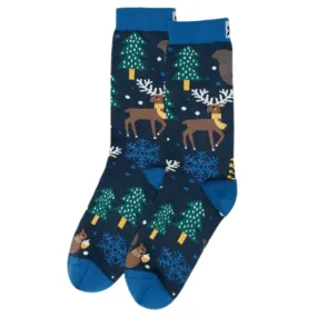 Crew Socks - Holiday Woodland Blue