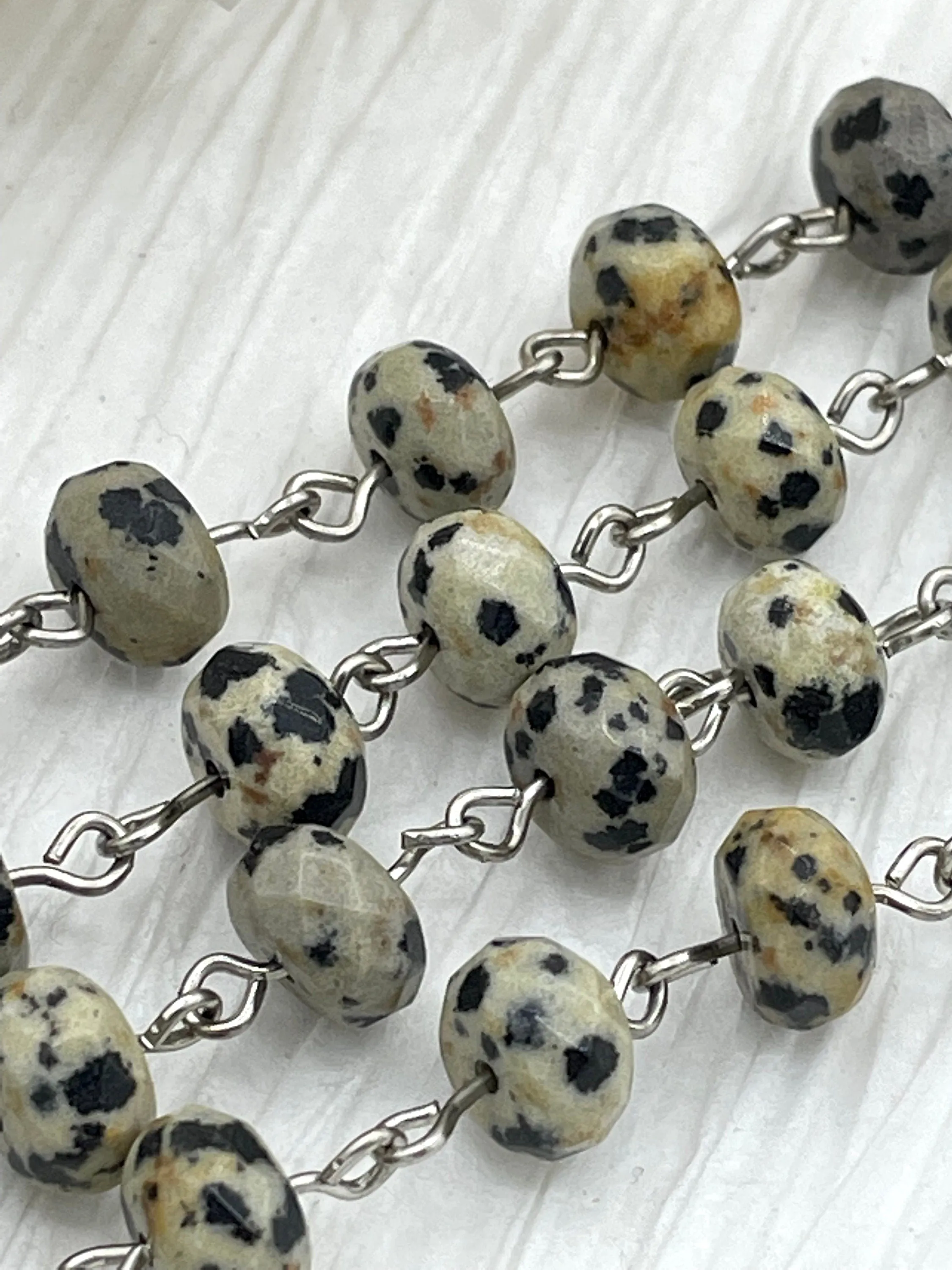 DALMATIAN JASPER GEMSTONE 1 meter (39") Rosary Chain, Beaded Chain, Silver Wire, 6x8mm Rondelle beads. Fast Ship