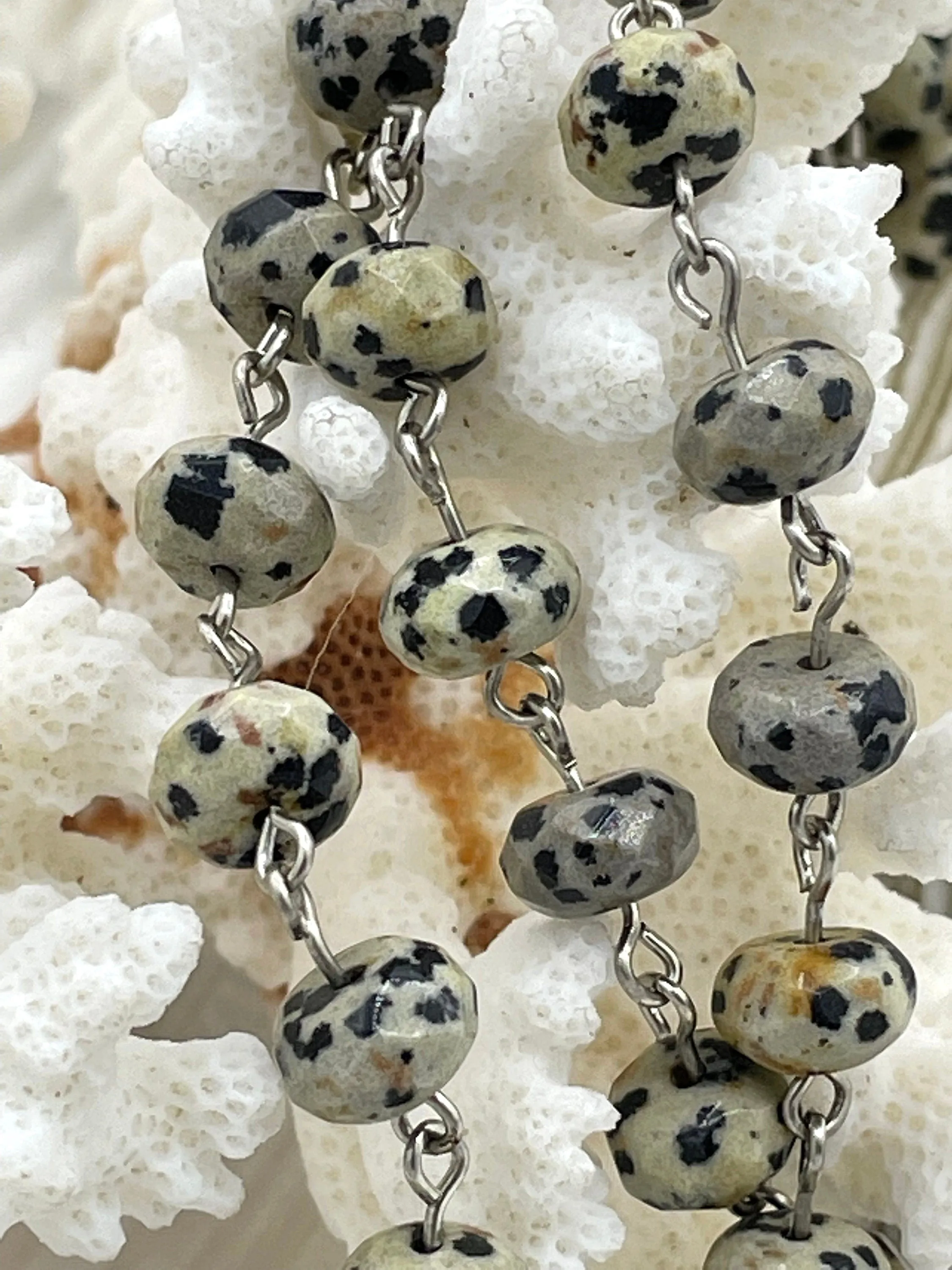 DALMATIAN JASPER GEMSTONE 1 meter (39") Rosary Chain, Beaded Chain, Silver Wire, 6x8mm Rondelle beads. Fast Ship