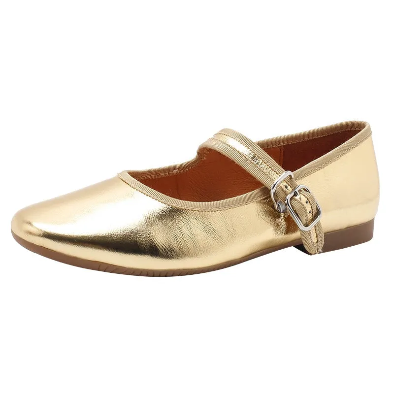 Dwarves Handmade Leather Women's Michaela Mary Jane Flats in Golden/Red/Orange/Silver/Black