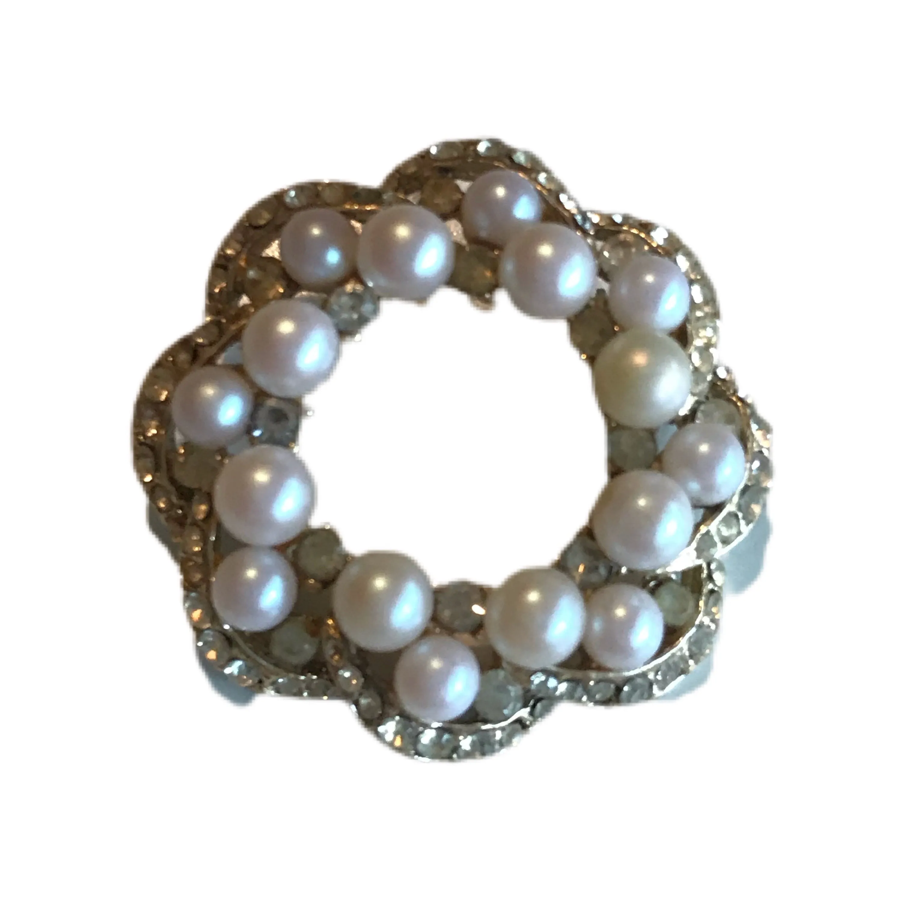 Faux Pearl and Clear Rhinestone Sparkling Wreath Brooch circa 1950s