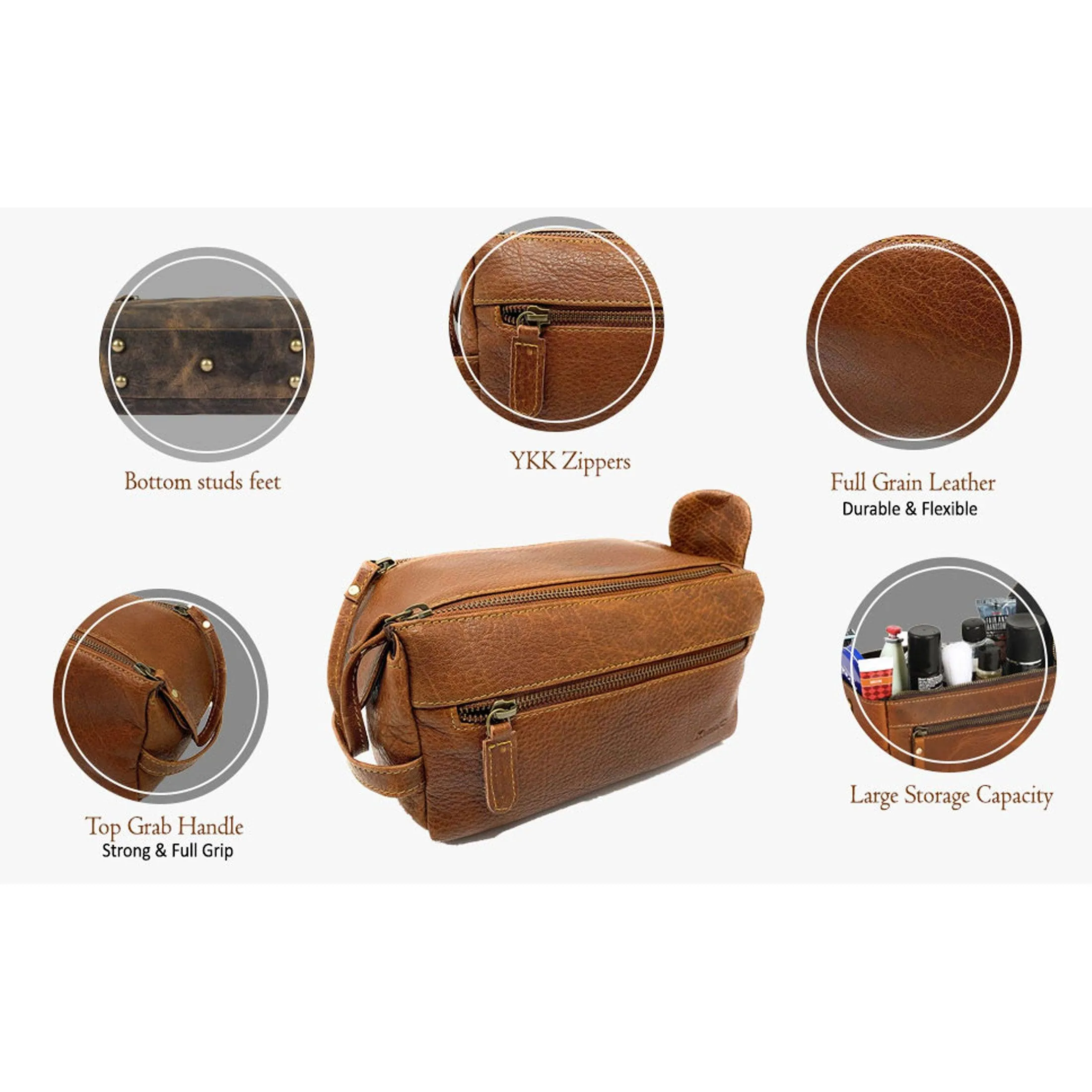 Genuine Buffalo Leather Unisex Toiletry Bag Travel Dopp Kit (Chicago Buff)