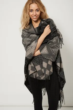 Geometric Print Open Front Fringe Poncho