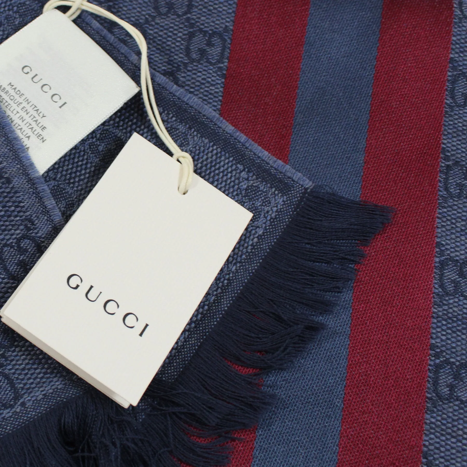 Gucci Scarf Midnight Blue Signature GG Stripe - Wool Silk Jacquard Shawl SALE