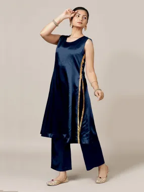 Gulnaaz x Tyohaar | Midnight Blue Mashru Silk Panelled Kurta with Crushed Golden Gota Detailing | Coords or Only Kurta