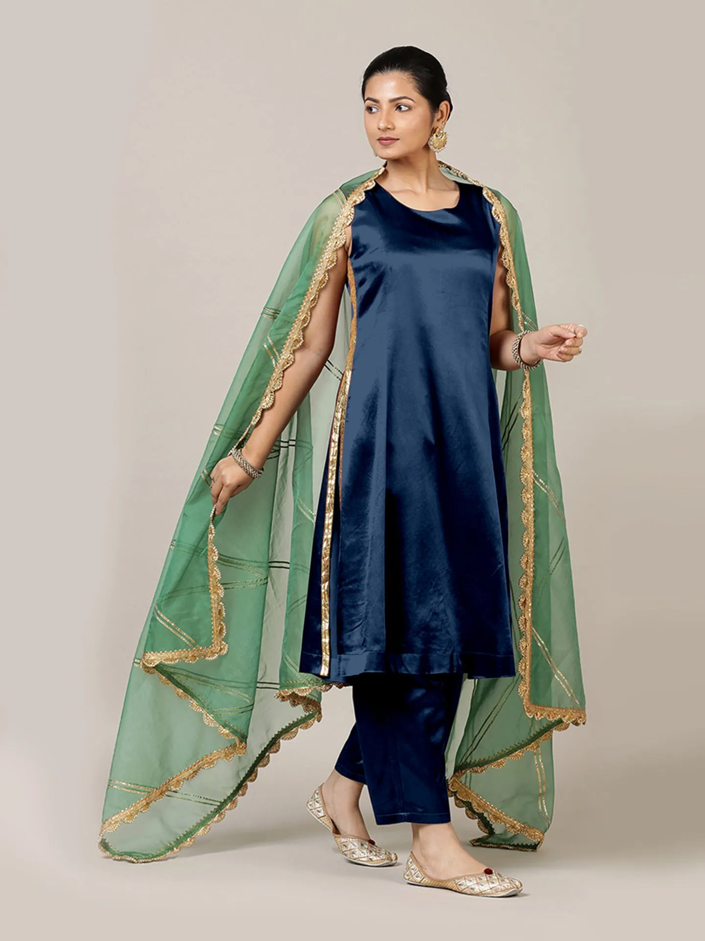 Gulnaaz x Tyohaar | Midnight Blue Mashru Silk Panelled Kurta with Crushed Golden Gota Detailing | Coords or Only Kurta