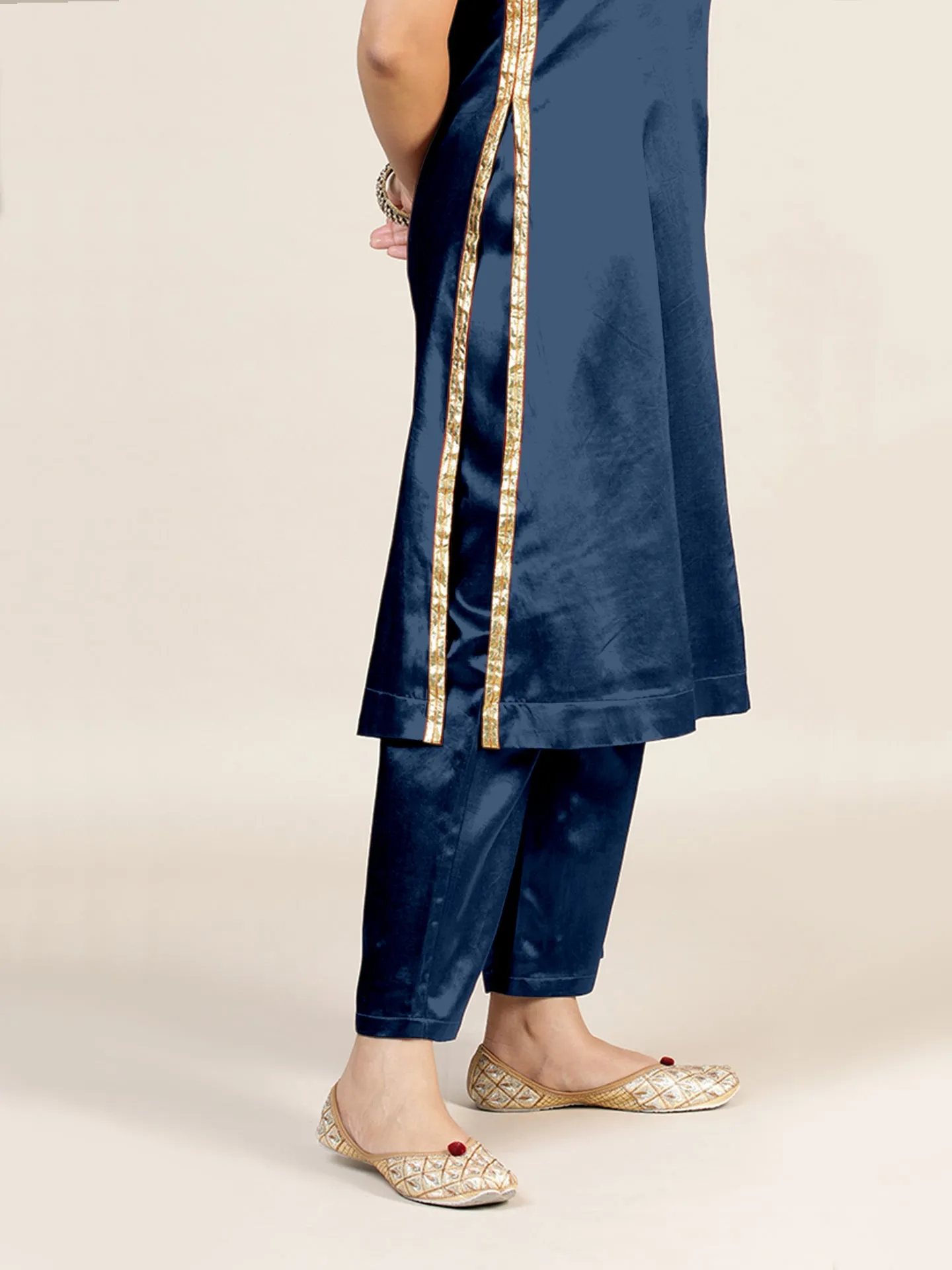 Gulnaaz x Tyohaar | Midnight Blue Mashru Silk Panelled Kurta with Crushed Golden Gota Detailing | Coords or Only Kurta