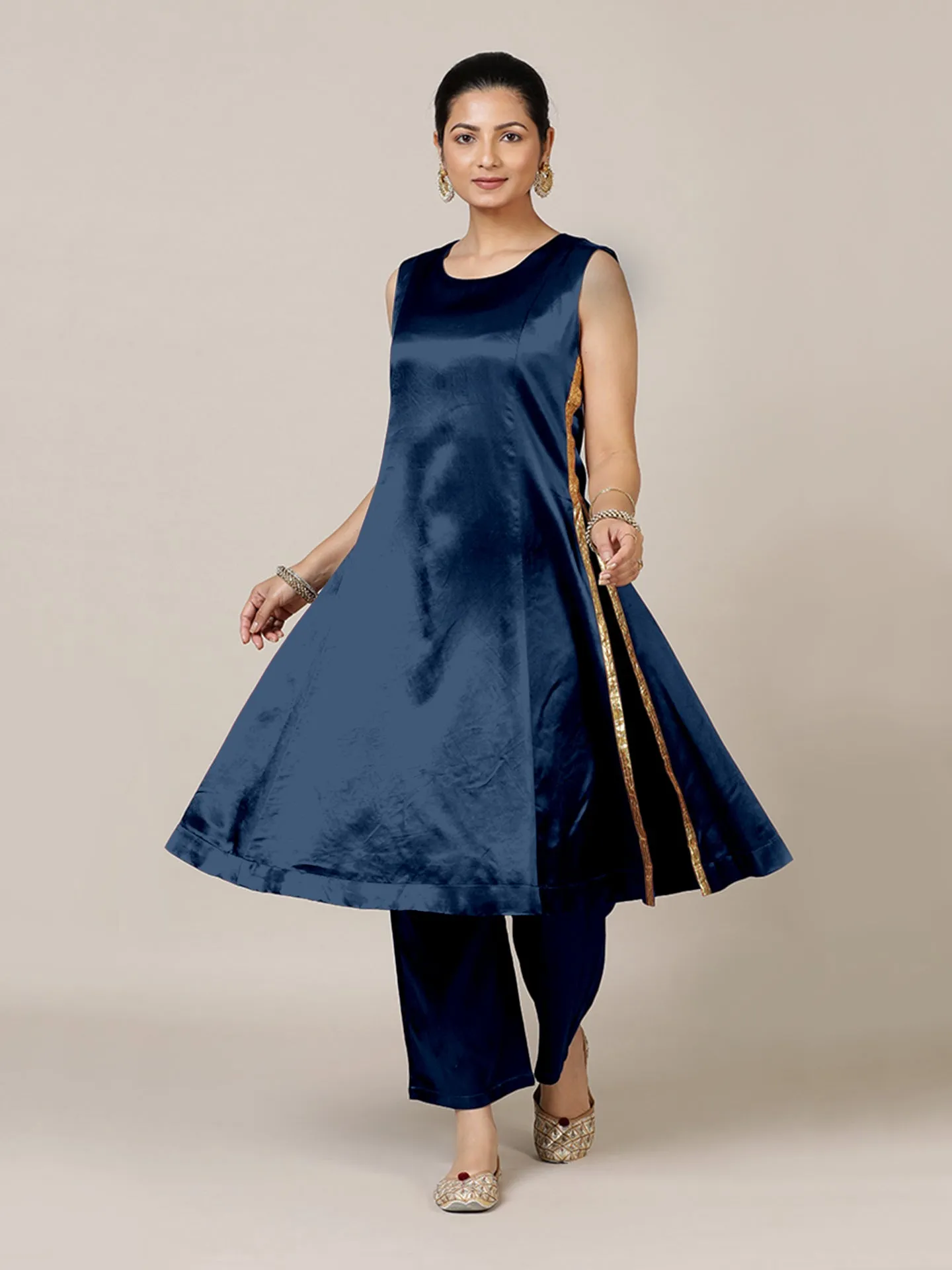 Gulnaaz x Tyohaar | Midnight Blue Mashru Silk Panelled Kurta with Crushed Golden Gota Detailing | Coords or Only Kurta