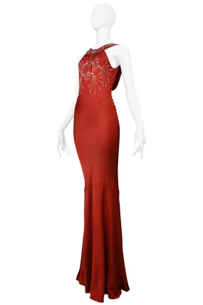 JOHN GALLIANO DARK RED SATIN EVENING GOWN WITH RHINESTONES 2008