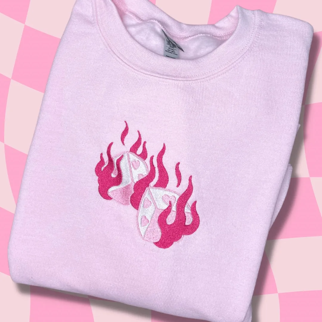 Love's A Gamble Dice and Flames Embroidered Crewneck Sweatshirt.