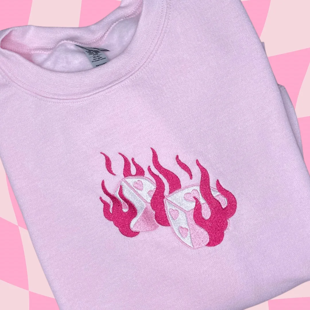 Love's A Gamble Dice and Flames Embroidered Crewneck Sweatshirt.