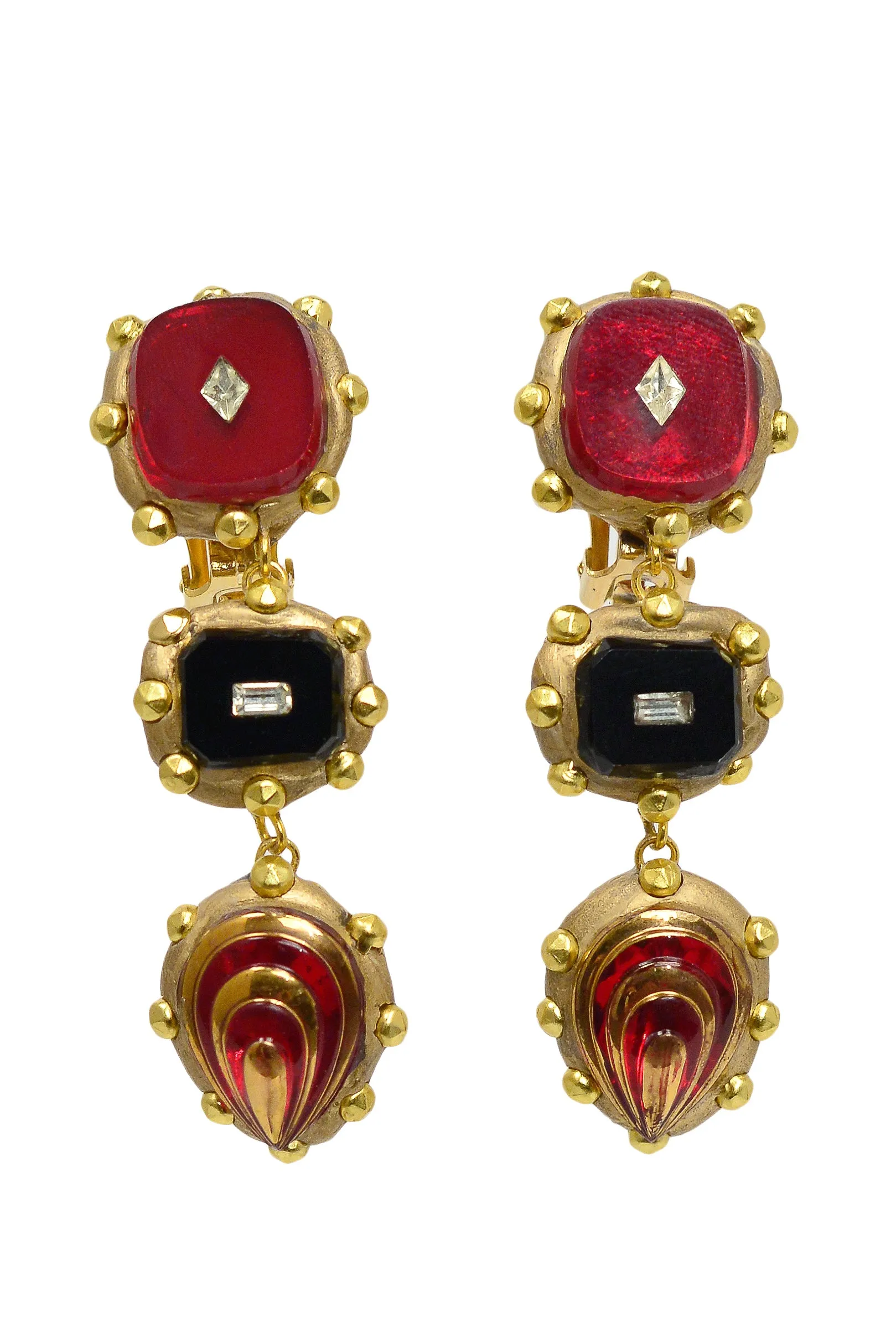 MINADEO BLACK & RED GEM DROP CLIP EARRINGS