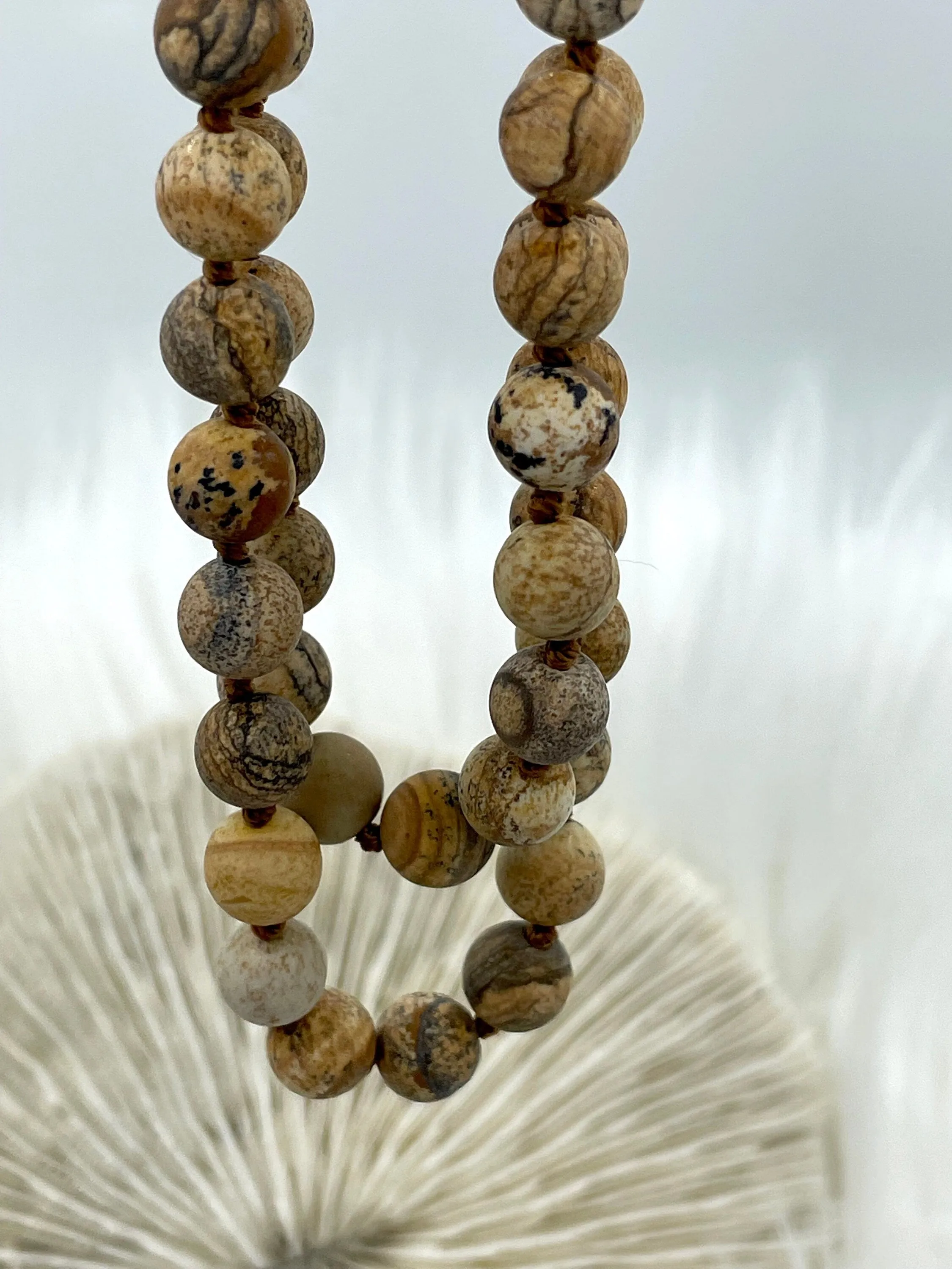 Picture Jasper Hand Knotted Gemstone Necklace, 36"  MATTE finish PICTURE JASPER, 8mm Round with brown thread. Fast ship