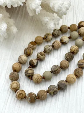 Picture Jasper Hand Knotted Gemstone Necklace, 36"  MATTE finish PICTURE JASPER, 8mm Round with brown thread. Fast ship