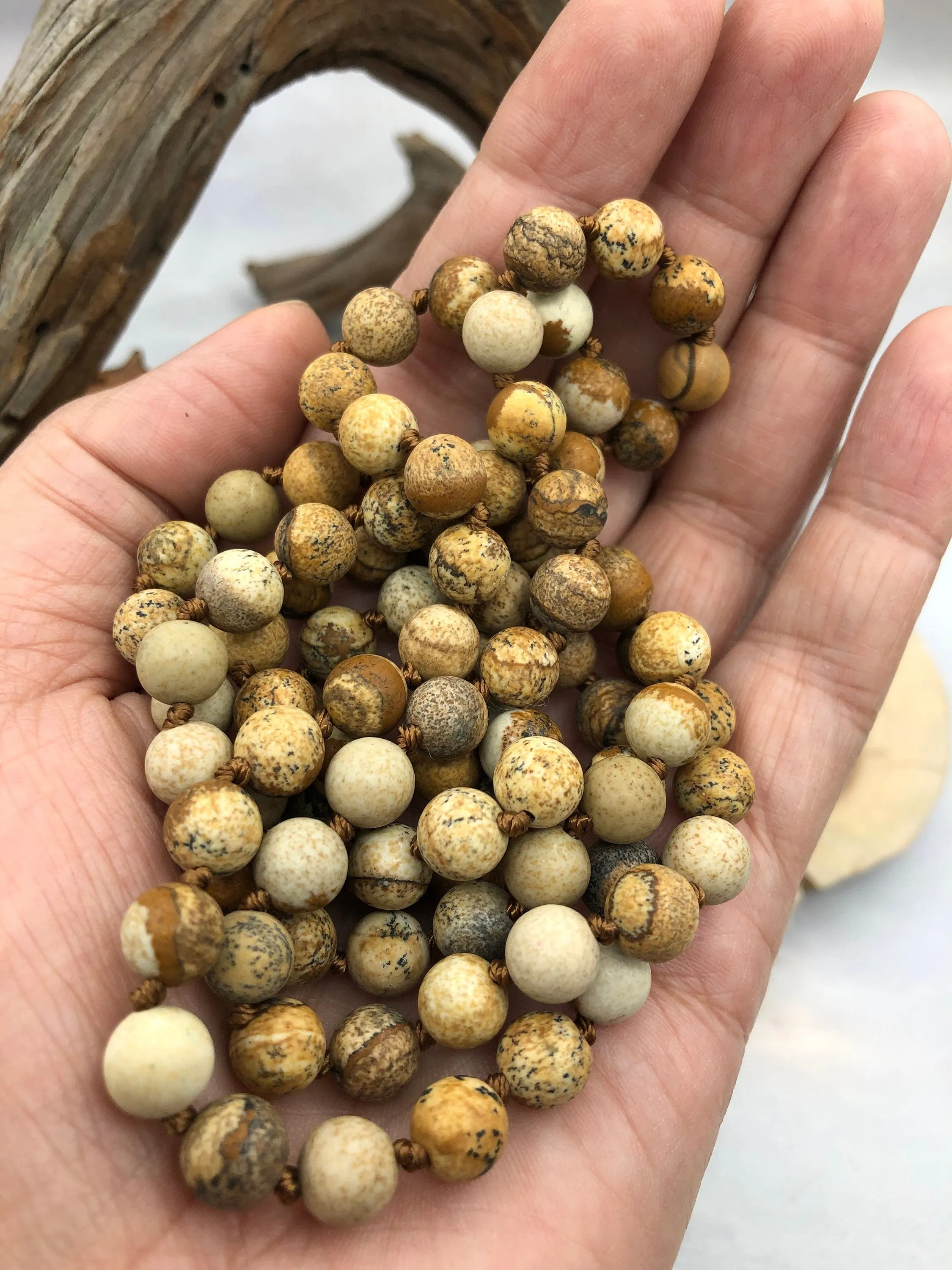 Picture Jasper Hand Knotted Gemstone Necklace, 36"  MATTE finish PICTURE JASPER, 8mm Round with brown thread. Fast ship