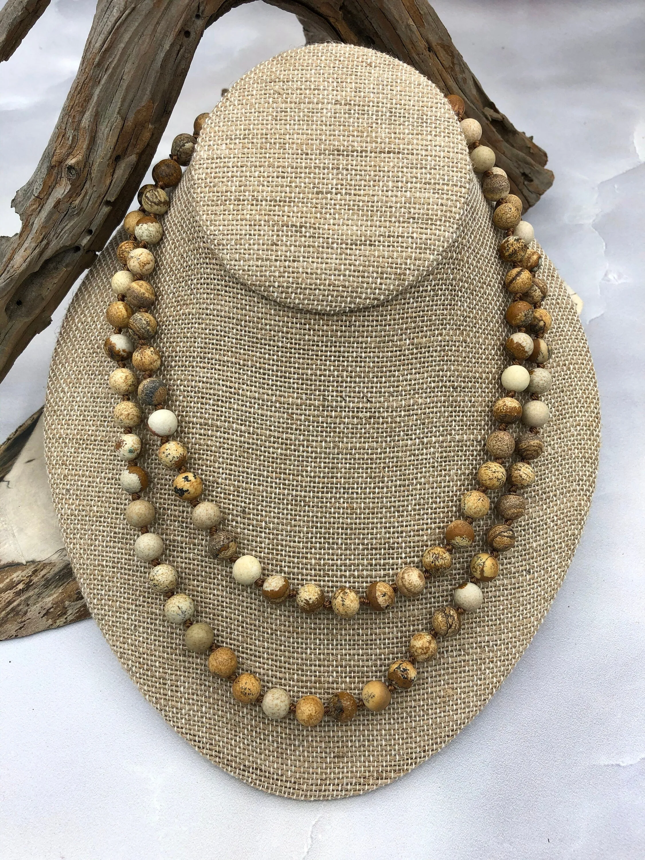 Picture Jasper Hand Knotted Gemstone Necklace, 36"  MATTE finish PICTURE JASPER, 8mm Round with brown thread. Fast ship