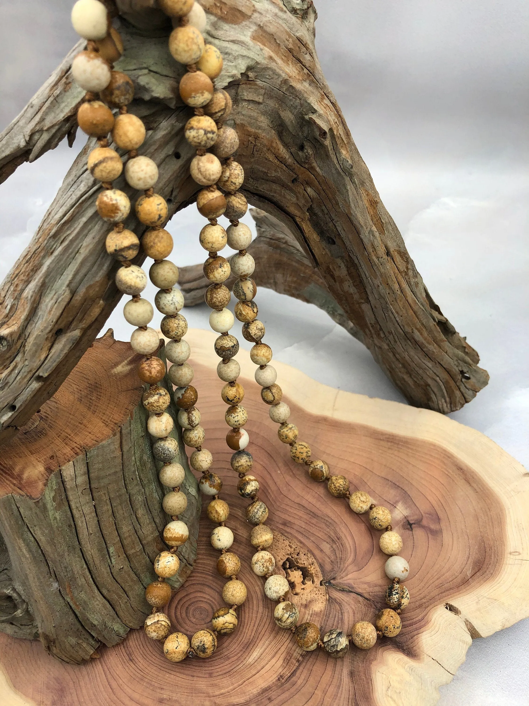 Picture Jasper Hand Knotted Gemstone Necklace, 36"  MATTE finish PICTURE JASPER, 8mm Round with brown thread. Fast ship