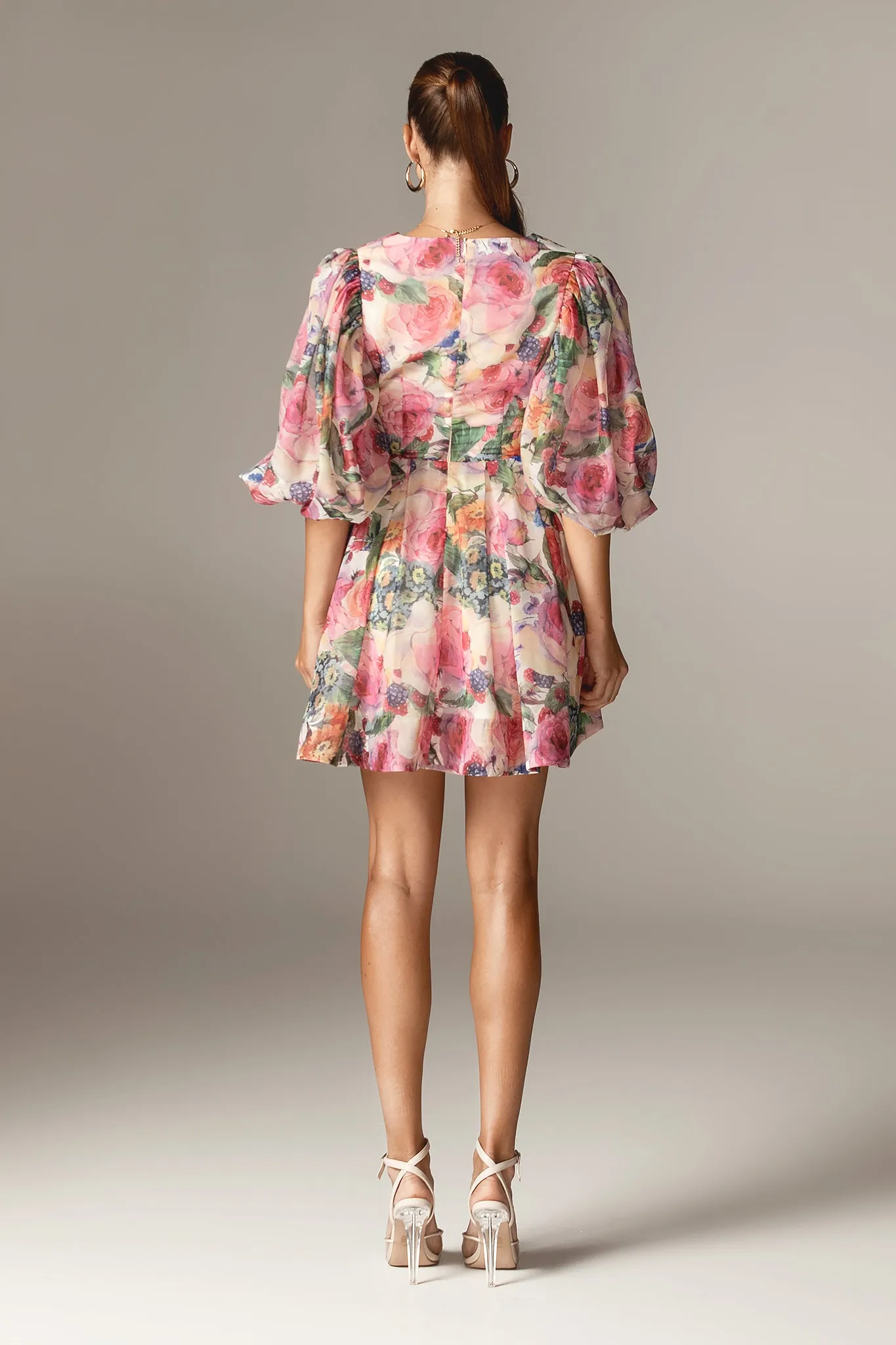 Wivory Bloom Rose Linen Organza Mini Dress (Rose Print)