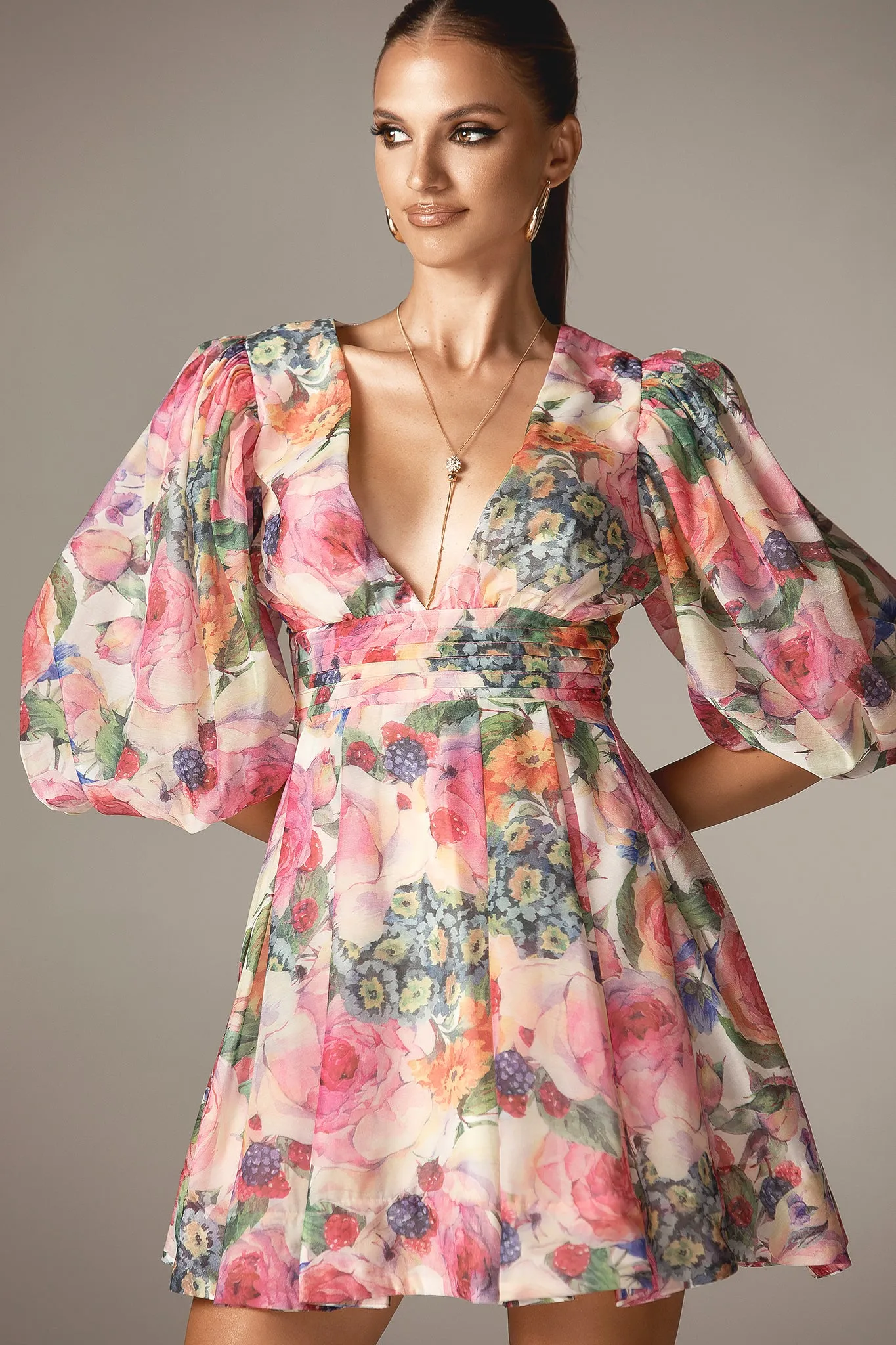 Wivory Bloom Rose Linen Organza Mini Dress (Rose Print)